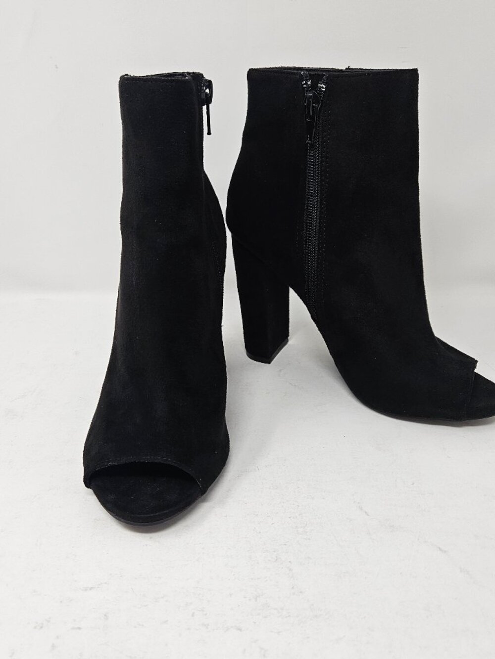 Fashion Nova Black Faux Suede Peep Toe Ankle Booties Chunky Block Heel Size 5.5